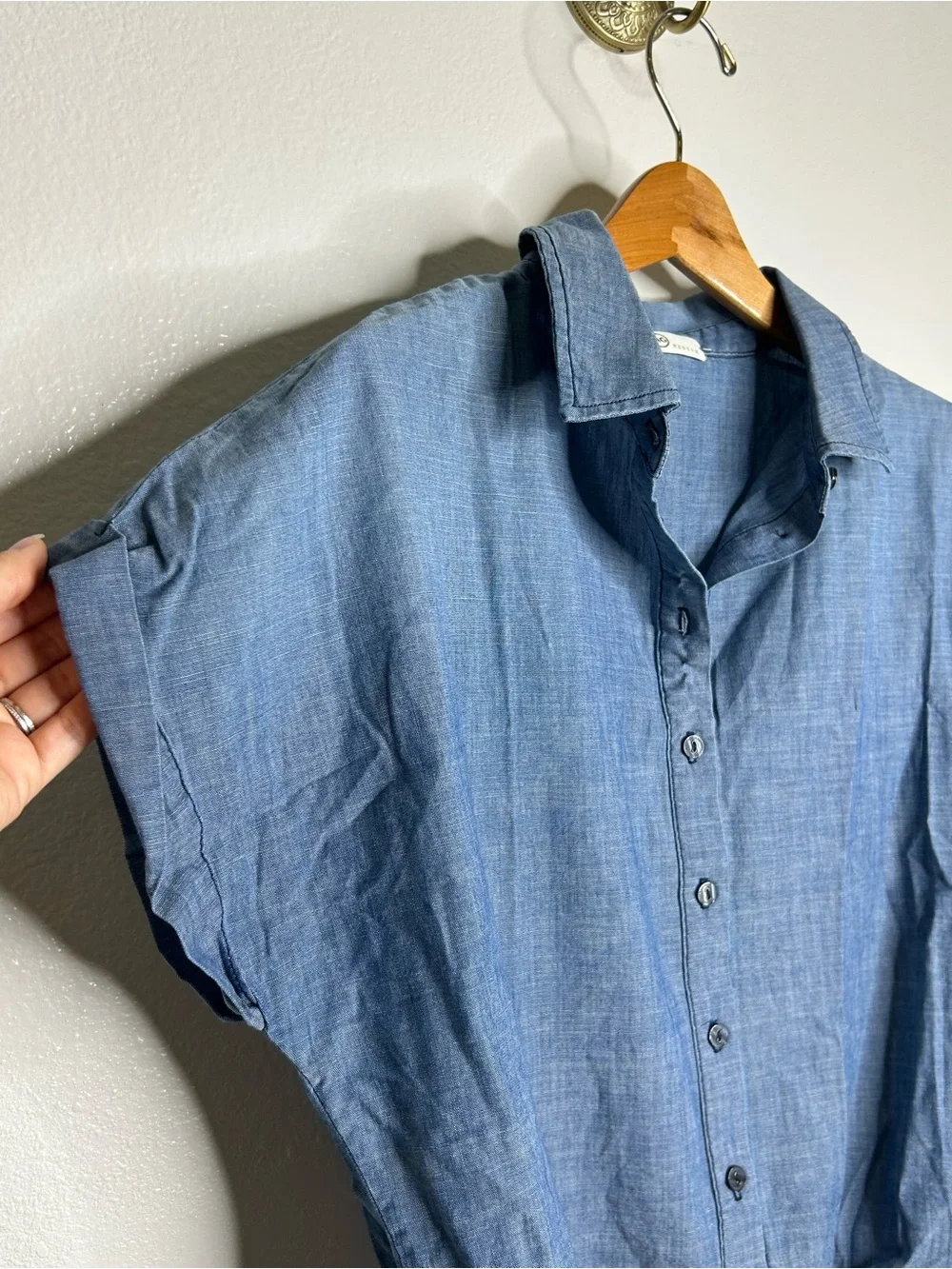 AG 100% Cotton Denim Chambray Button Down Tie Front Short Sleeve Boxy Blouse Top